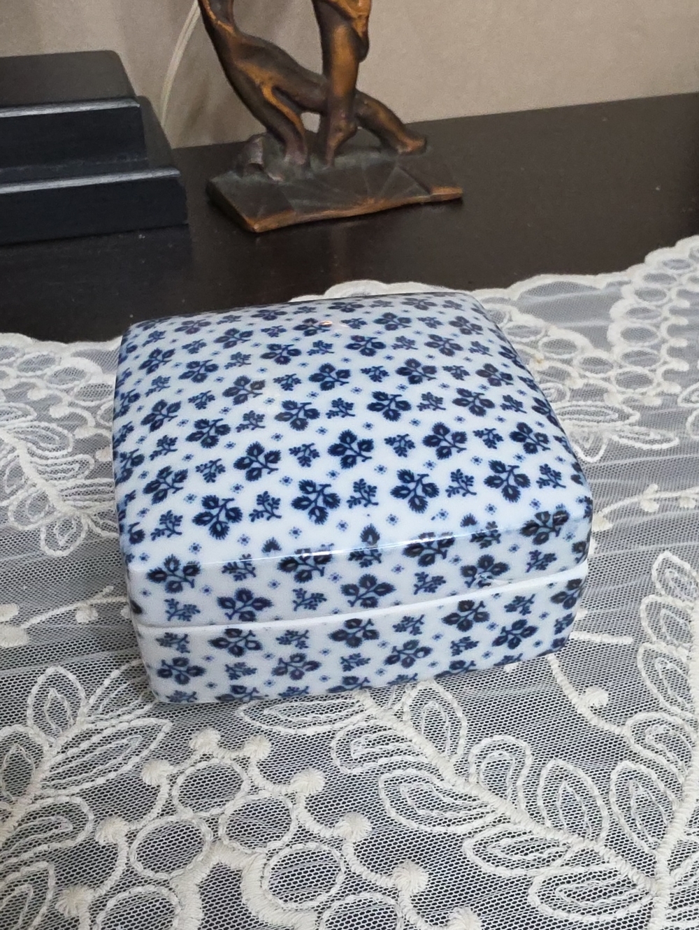 Blue & White Floral Porcelain Trinket Box - Decorative Keepsake